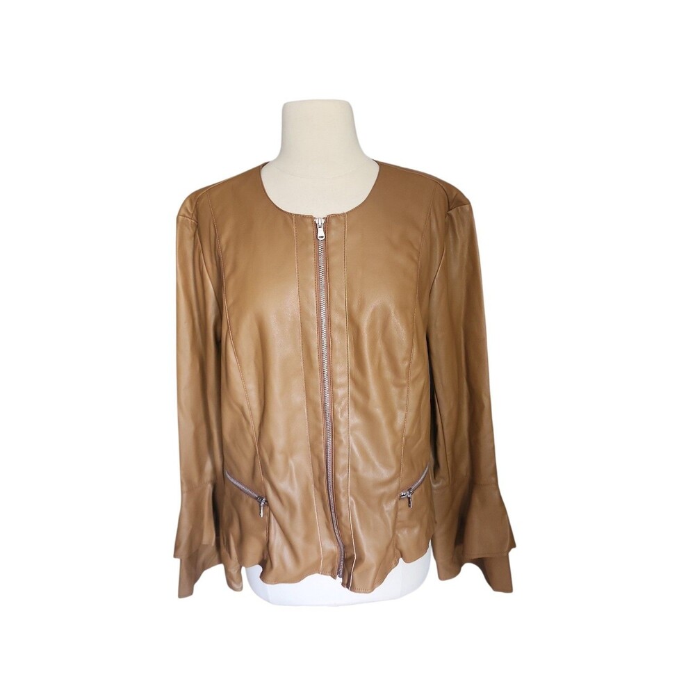 I.N.C International  Concepts Faux Leather Jacket Womens XL Camel Brown Ruffle